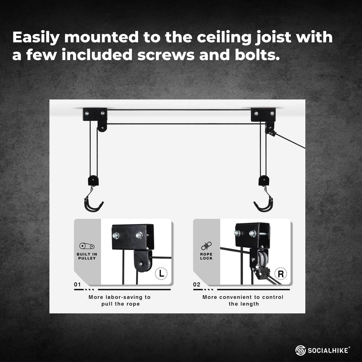 Kayak Hoist - 45kg Garage Ceiling Pulley Lift Storage System Bike Luggage Holder