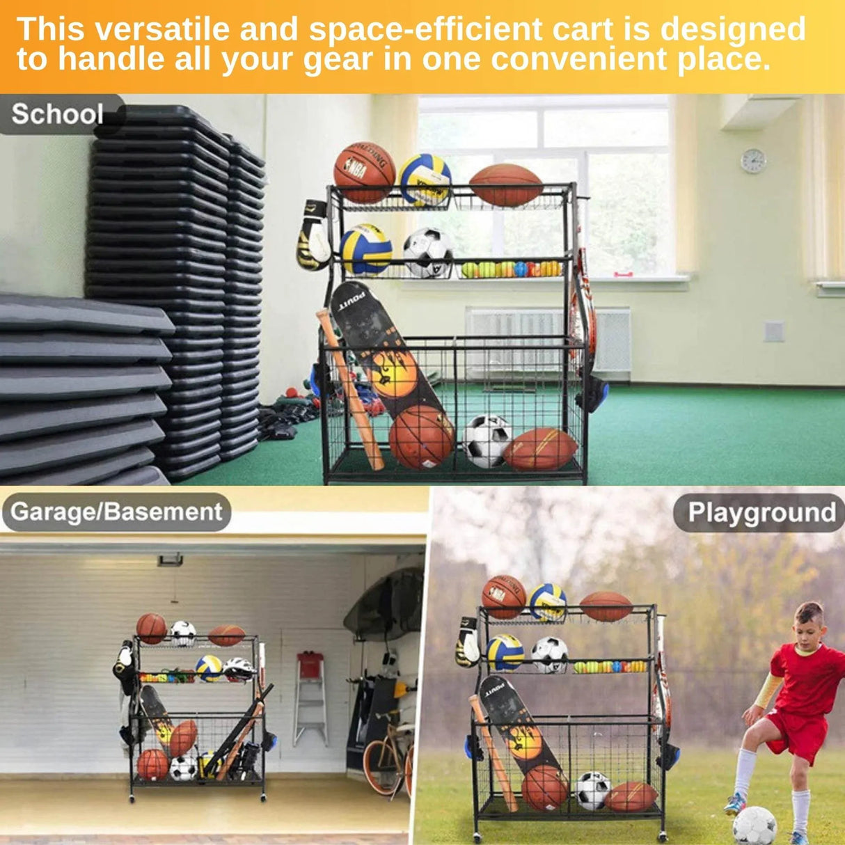 Social Hike Sports Equipment Storage Organiser Trolley on Wheels for Garage
