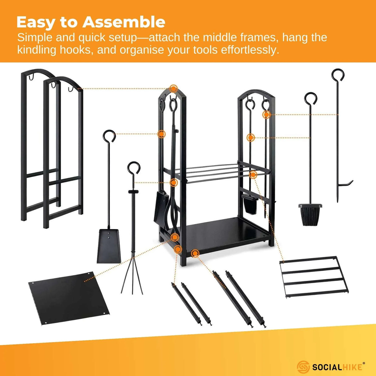 Social Hike Firewood Rack Stand and Fireplace Tool Set - Wood Log Holder