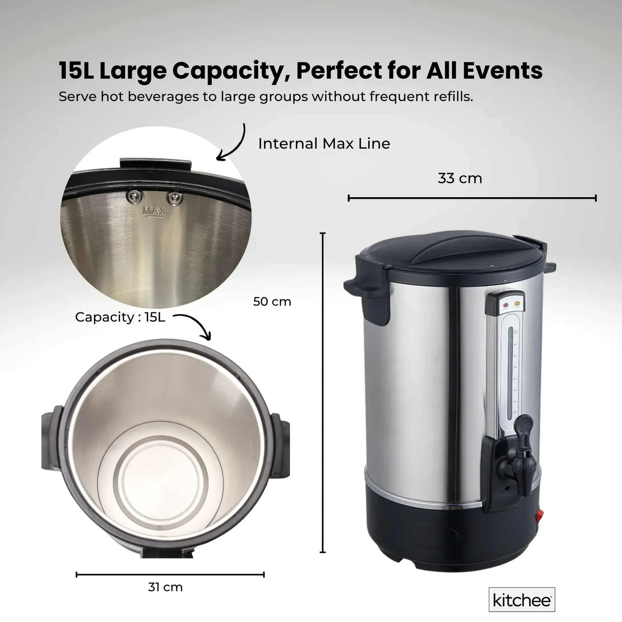 Kitchee 15L Electric Water Boiler - Stainless Steel Commercial Hot Liquid Urn