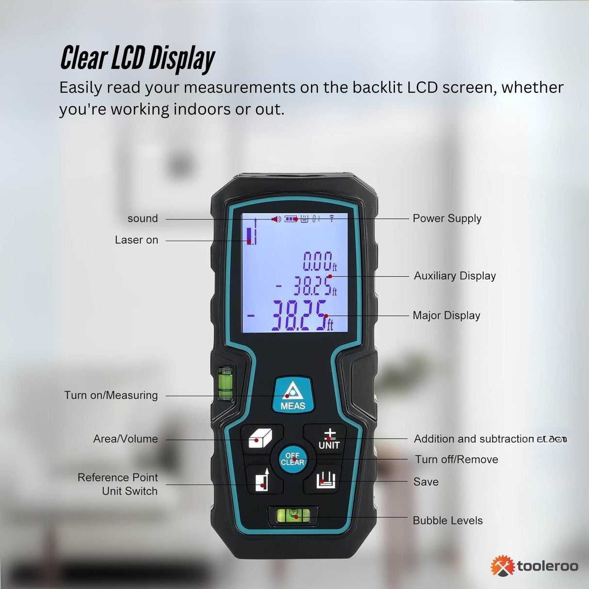Tooleroo 70m Digital Laser Distance Measurer - LCD Area Volume Meter Tool