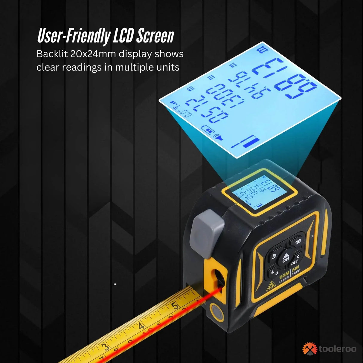 Tooleroo 60m Digital Laser Tape Measure + 5m Steel Tape – 3-in-1 Cross Marking