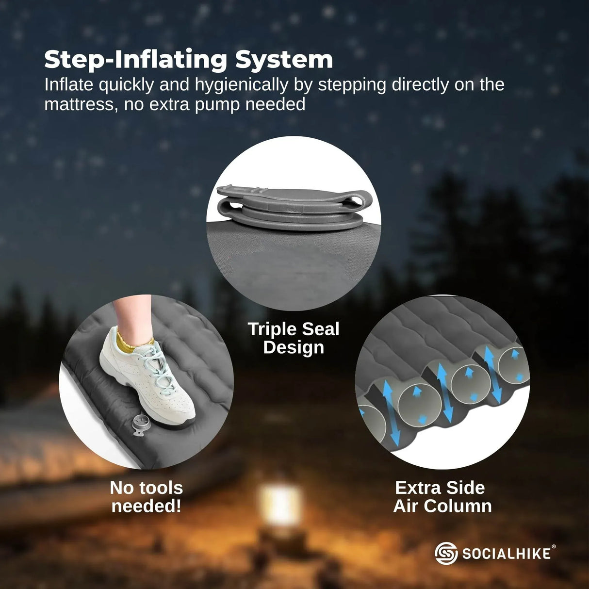 Social Hike Step-Inflating Camping Mattress Lightweight Waterproof Sleeping Grey