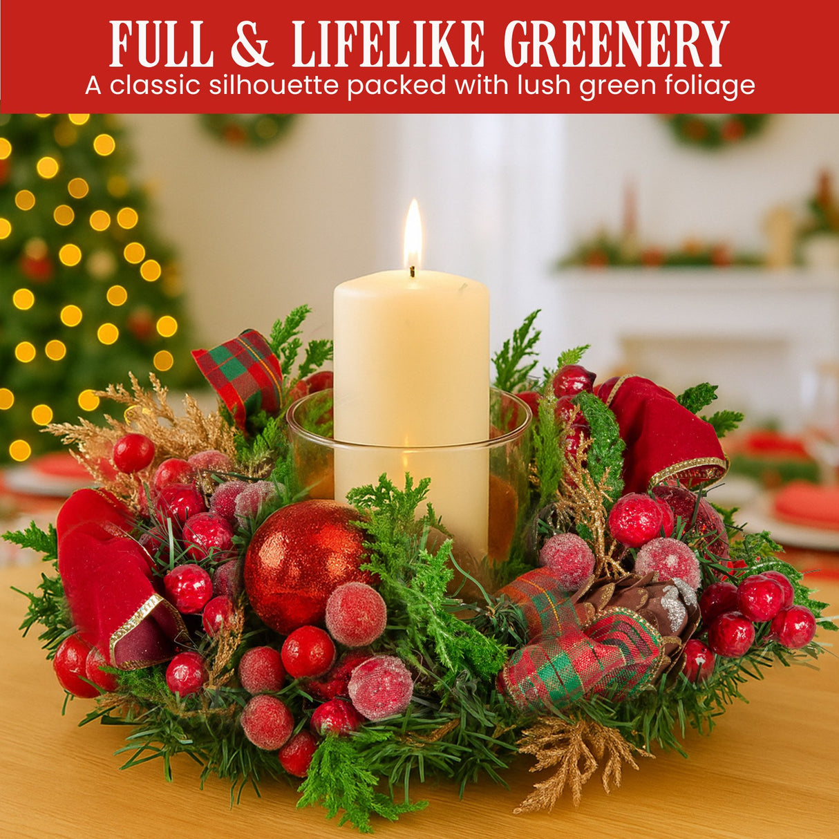 Christabelle 26cm Christmas Centrepiece Lush Green Holiday Display w/Red Berries & Hurricane Candle Holder Pre-decorated for Dining Table Console