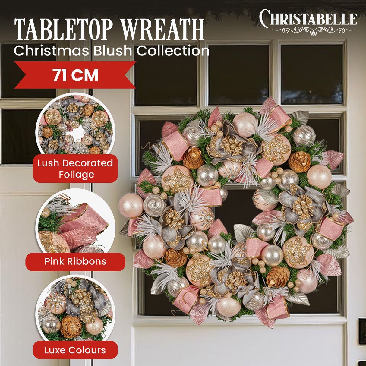 Christabelle 71cm Christmas Wreath Lush Pink Front Door Decoration Jewelled Baubles Flowers Pine Cones Ribbons Ornaments
