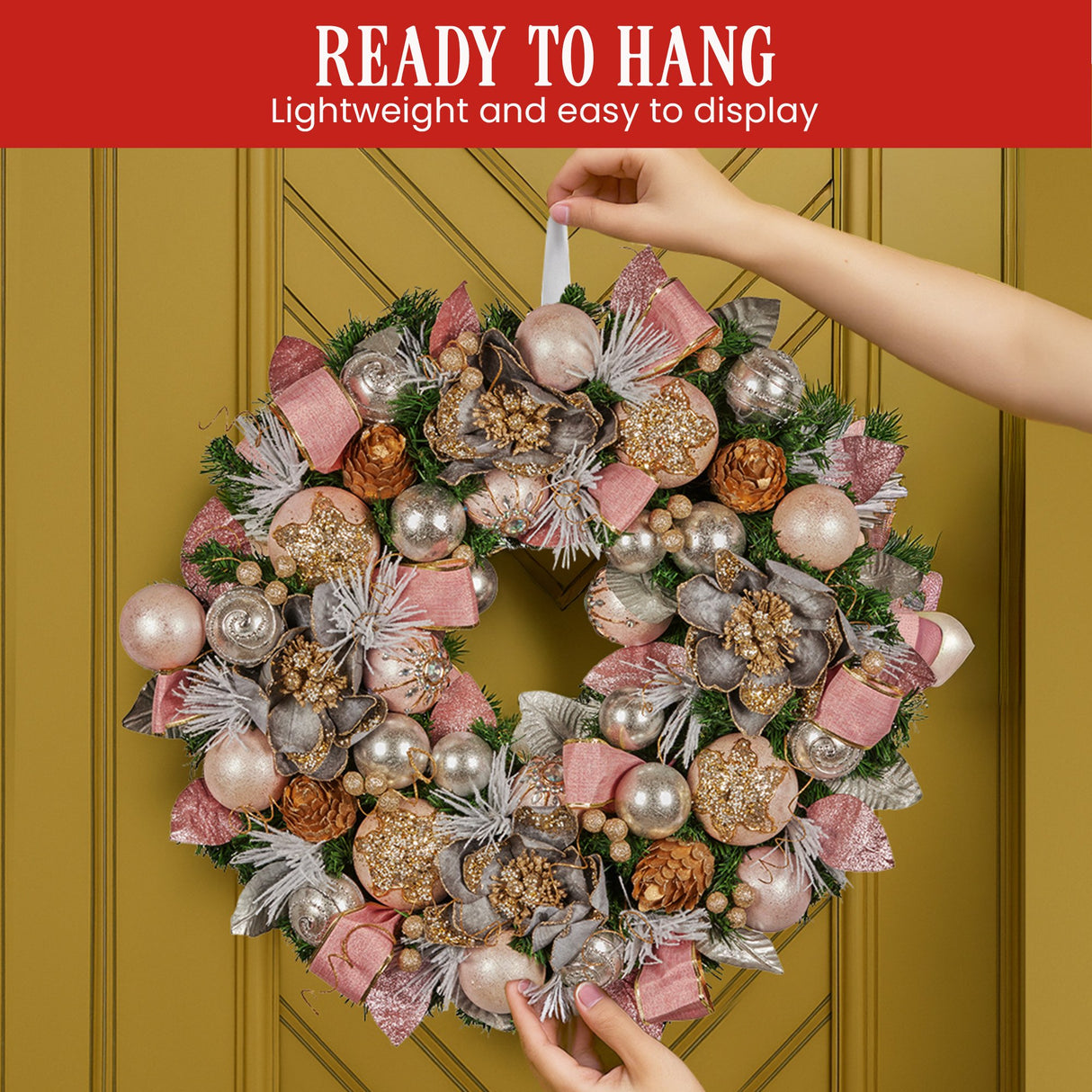 Christabelle 71cm Christmas Wreath Lush Pink Front Door Decoration Jewelled Baubles Flowers Pine Cones Ribbons Ornaments