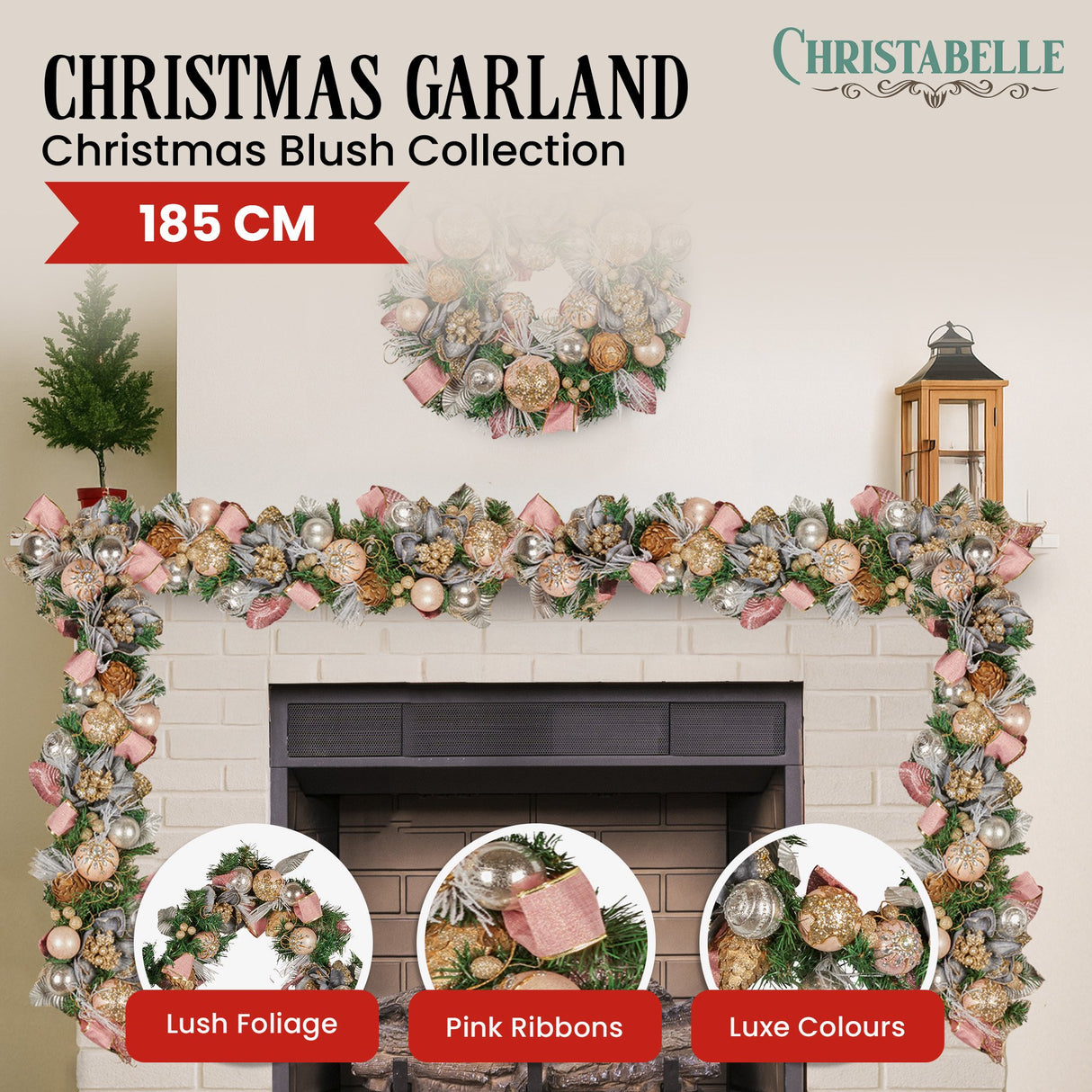 Christabelle Premium 1.8m Christmas Garland Jewelled Baubles & Berries Tree Decoration Ornament Pink Silver Gold