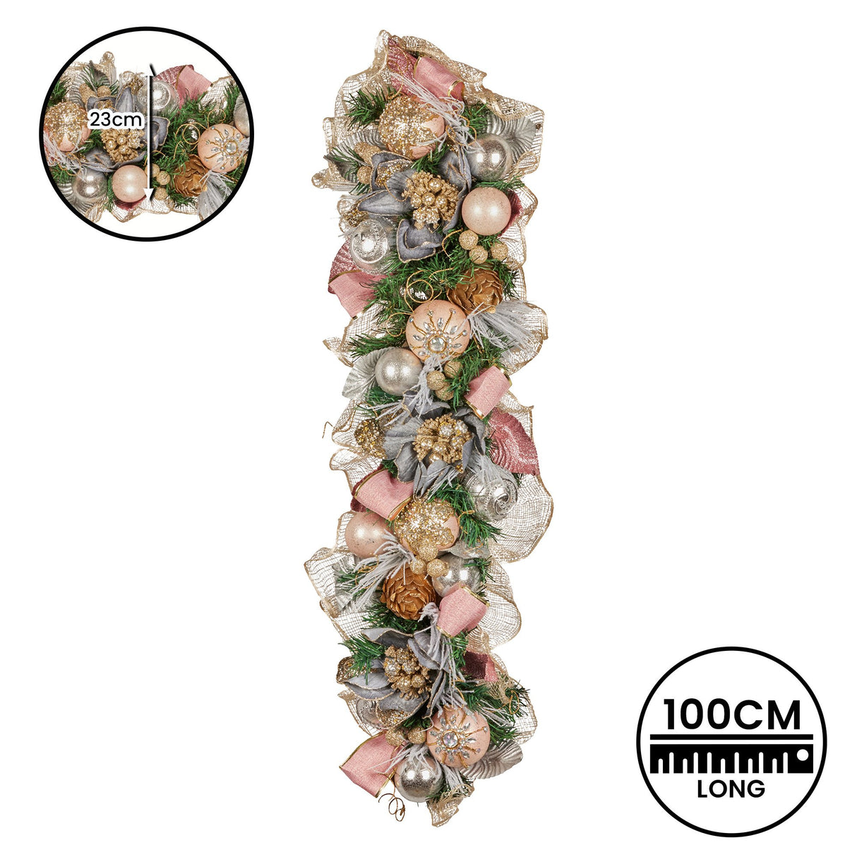 Christabelle Premium 100cm Christmas Garland Jewelled Baubles & Berries Tree Decoration Ornament Pink Silver Gold