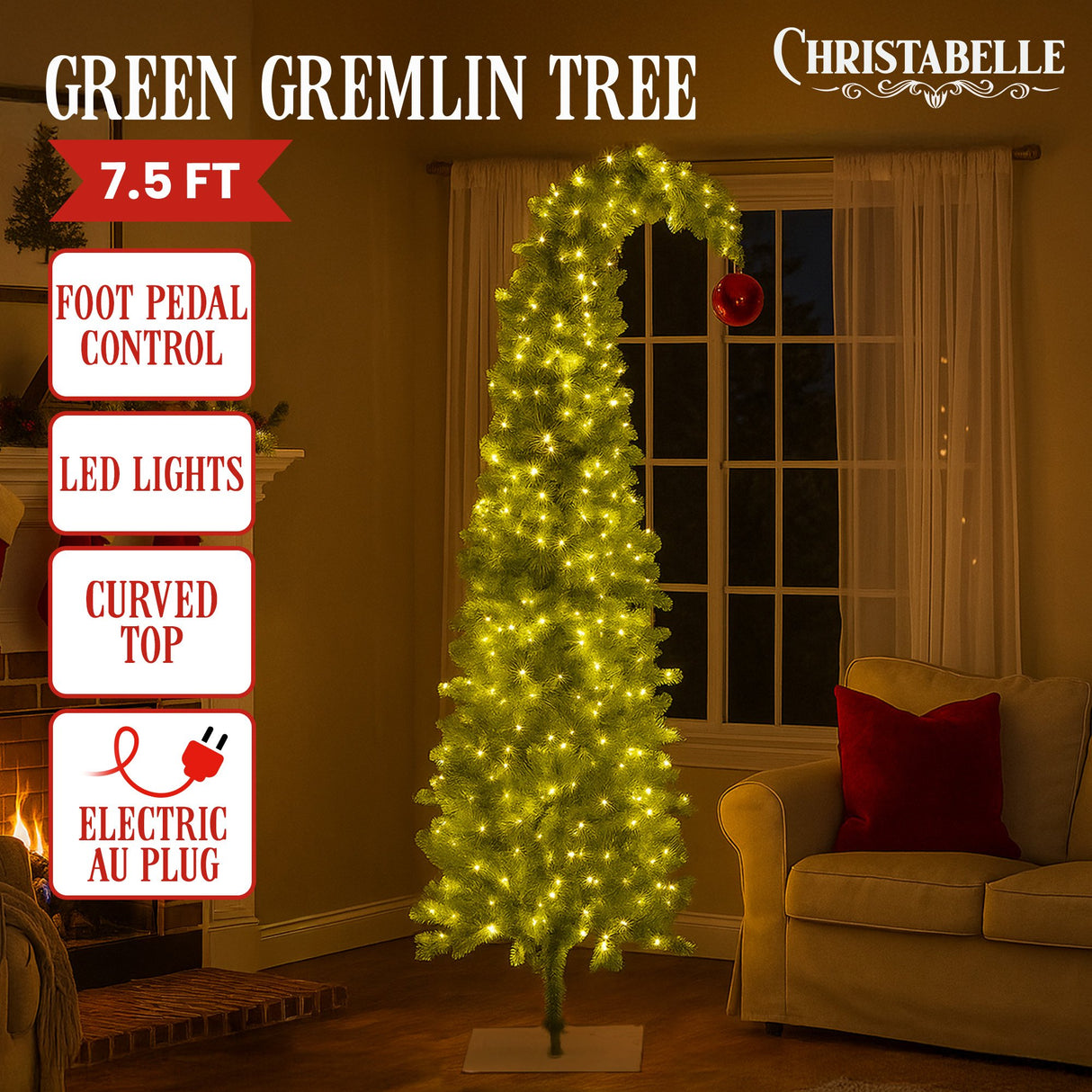 Christabelle 7.5ft Christmas Gremlin Tree Curved Top Red Bauble Built-in Green White LED Lights Control Base & Cord