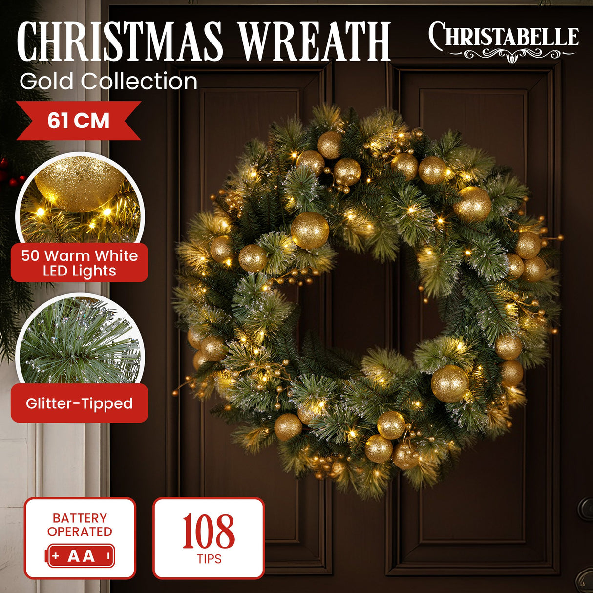 Christabelle 61cm Christmas Wreath Glittery Tipped with LED Lights and Golden Baubles Front Door Decoration Ornament