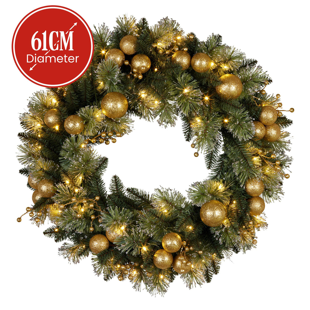 Christabelle 61cm Christmas Wreath Glittery Tipped with LED Lights and Golden Baubles Front Door Decoration Ornament