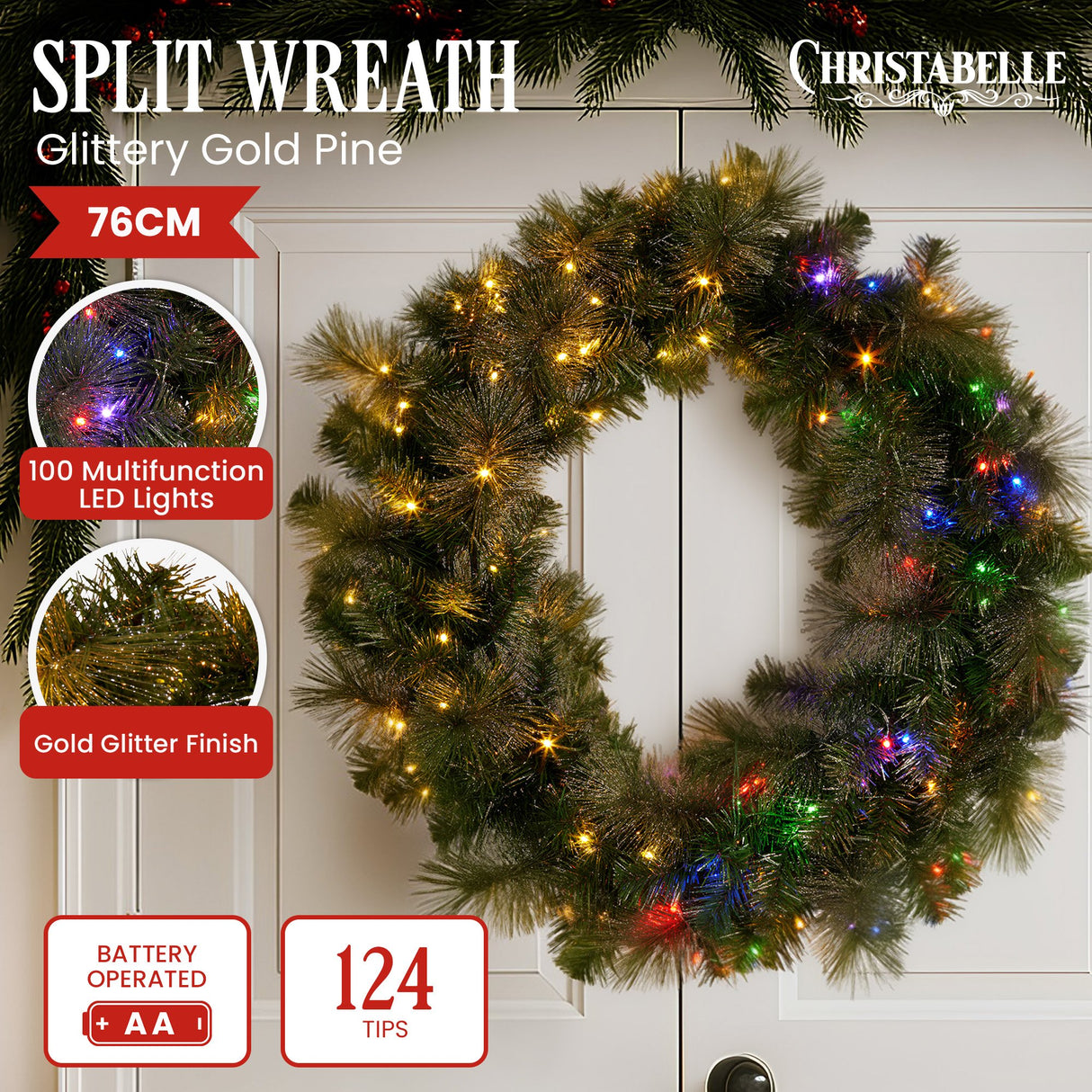Christabelle 76cm Split Christmas Wreath with LED Lights for Double Front Doors Decoration