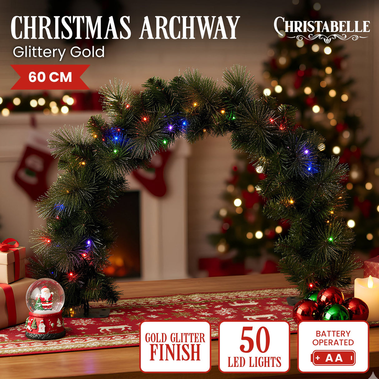 Christabelle 60cm Tabletop Christmas Archway Garland with LED Lights Gold Mantle Decoration Ornament