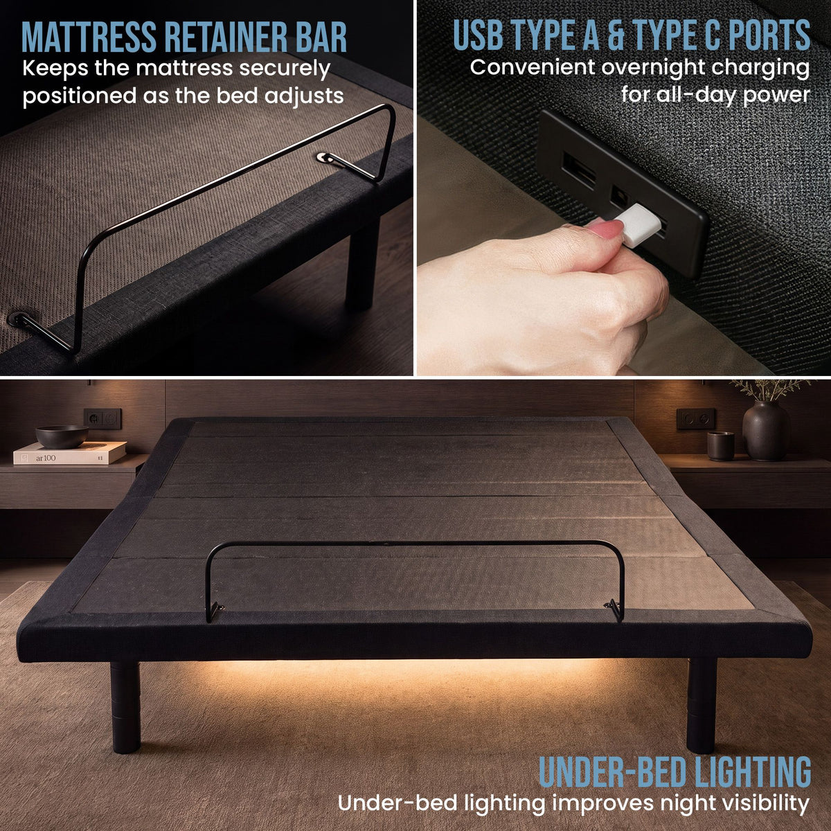 Therapedic Advance Queen Adjustable Bed Frame Base with Head Tilt, Massage, USB & Wireless Remote