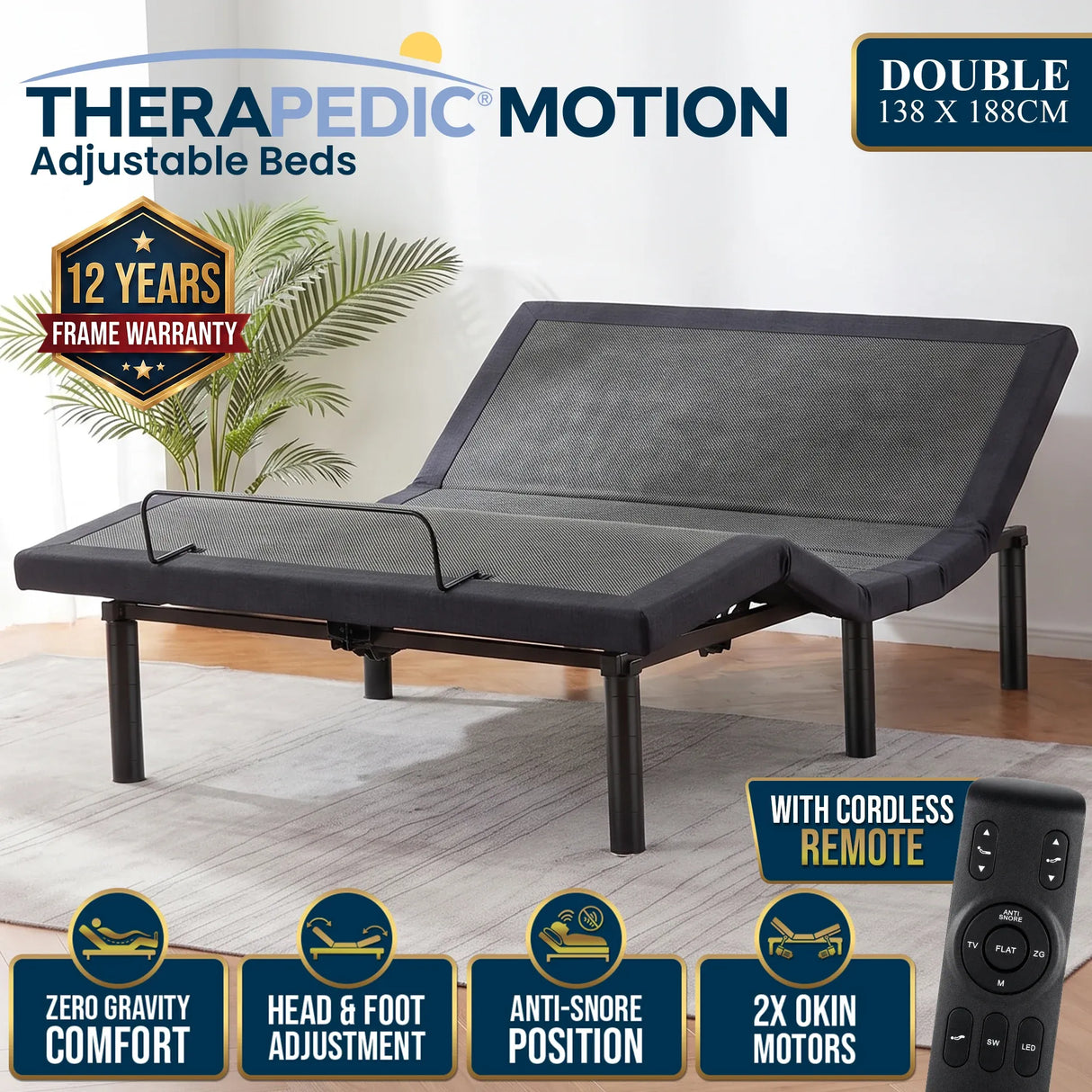 Therapedic Motion Adjustable Double Bed Base with Wireless Remote