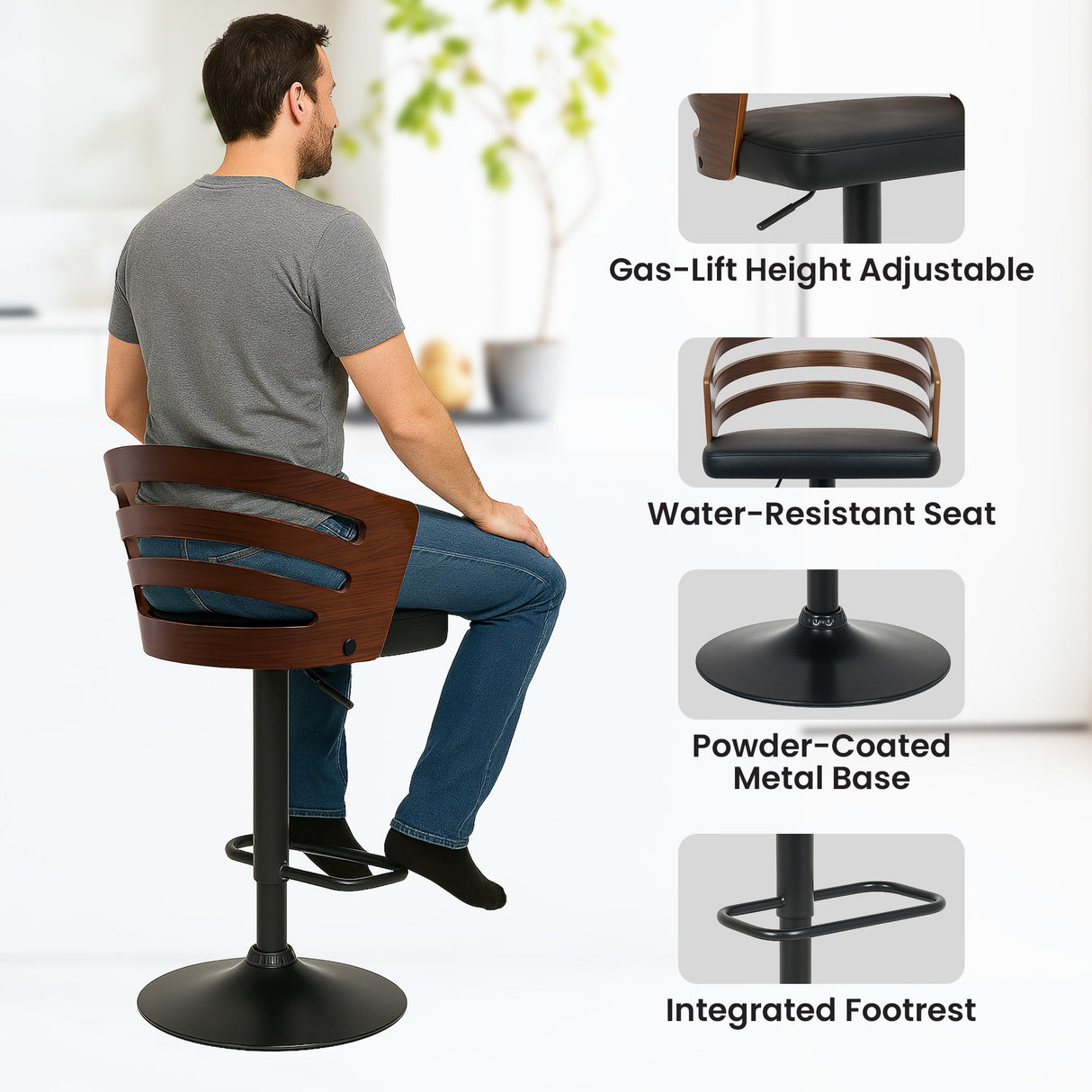 Sarantino Bentwood Walnut Barstool Leather Seat And Metal Base