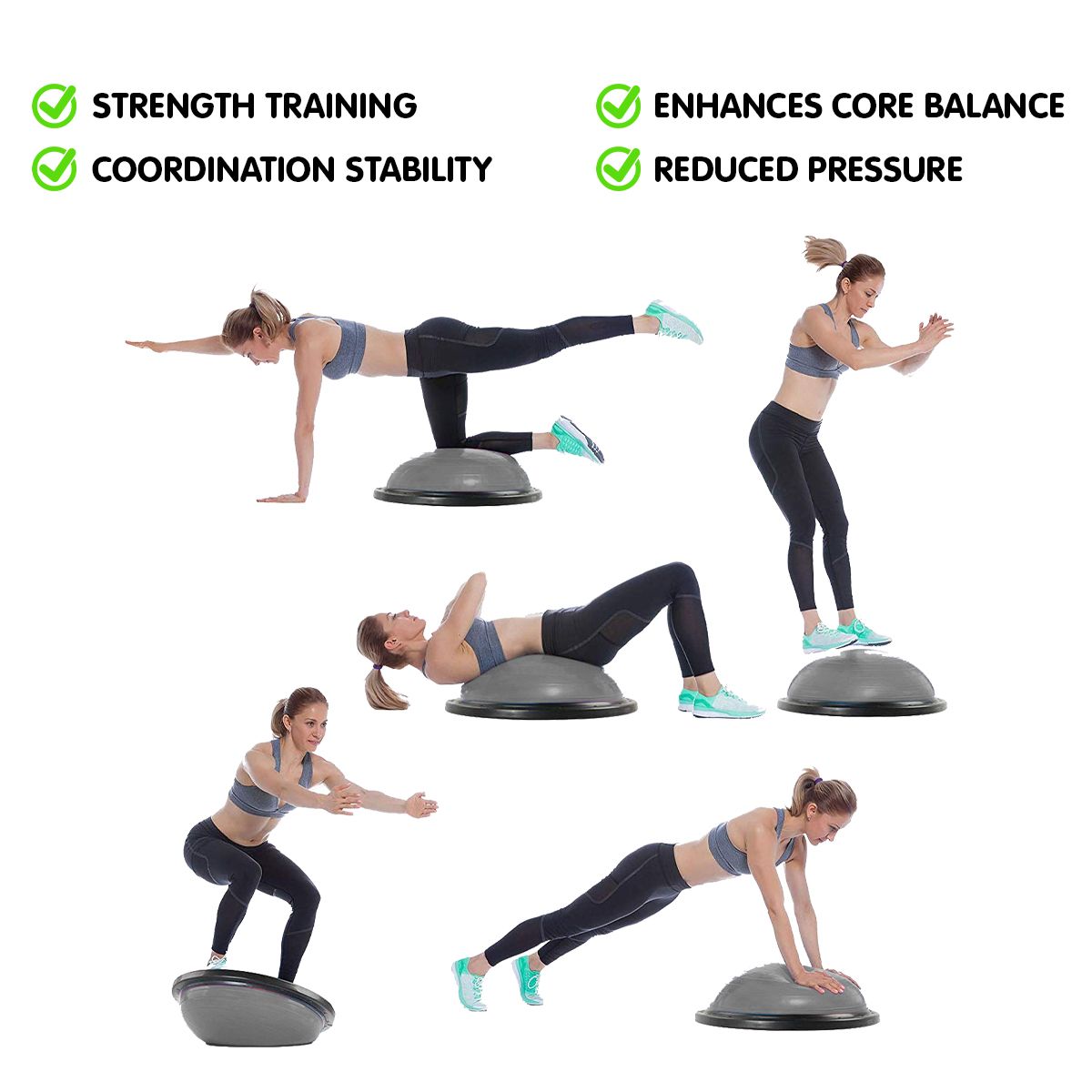 Powertrain 58cm Half Yoga Ball Balance Trainer Anti-Slip Stability Dome for Home Gym Core Fitness Workout Grey