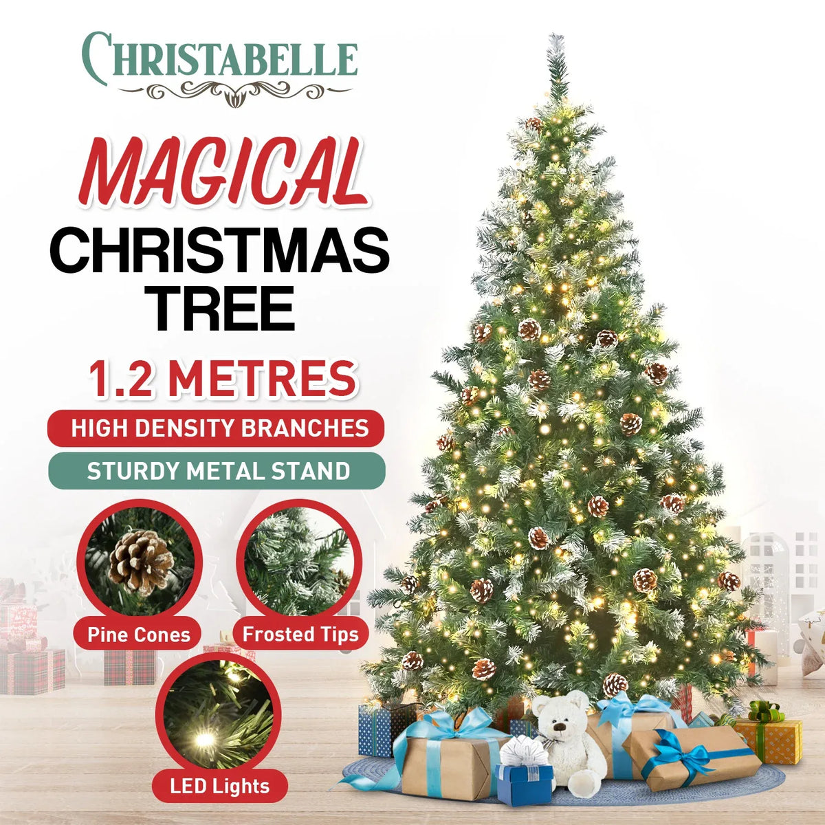 Christabelle 1.2m Pre-Lit LED Artificial Christmas Tree with Snow Tipped Needles Pine Cones Stand
