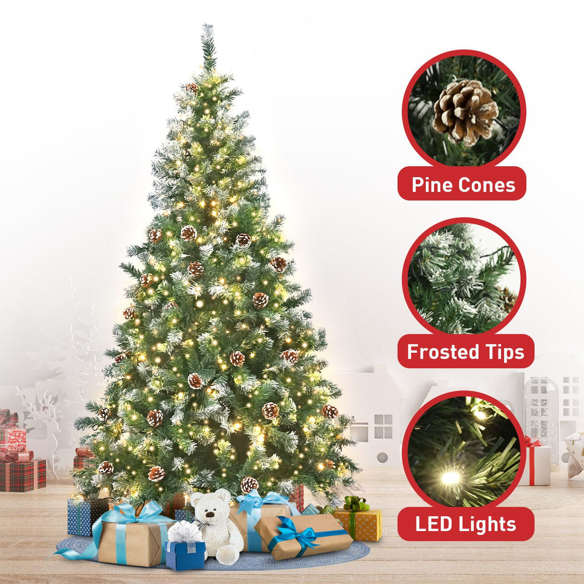 Christabelle 1.8m Pre-Lit LED Artificial Christmas Tree with Snow Tipped Needles Pine Cones Stand