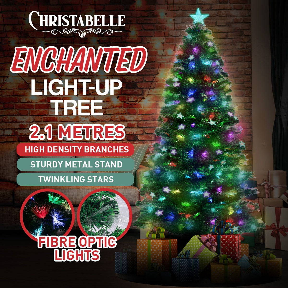 Christabelle 2.1m Pre-Lit Fibre Optic Artificial Christmas Tree with Multicolour Twinkling Star Lights