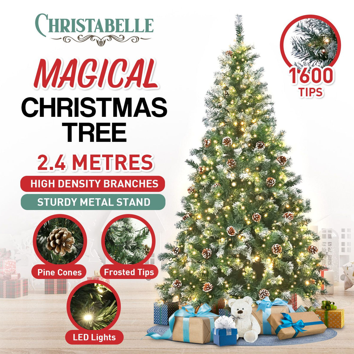 Christabelle 2.4m Pre-Lit LED Artificial Christmas Tree with Snow Tipped Needles Pine Cones Stand