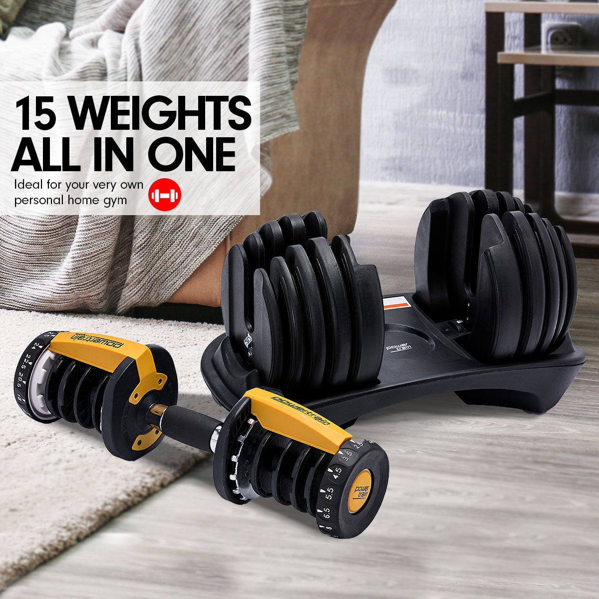 Powertrain 24KG Adjustable Home Gym Dumbbell - Gold