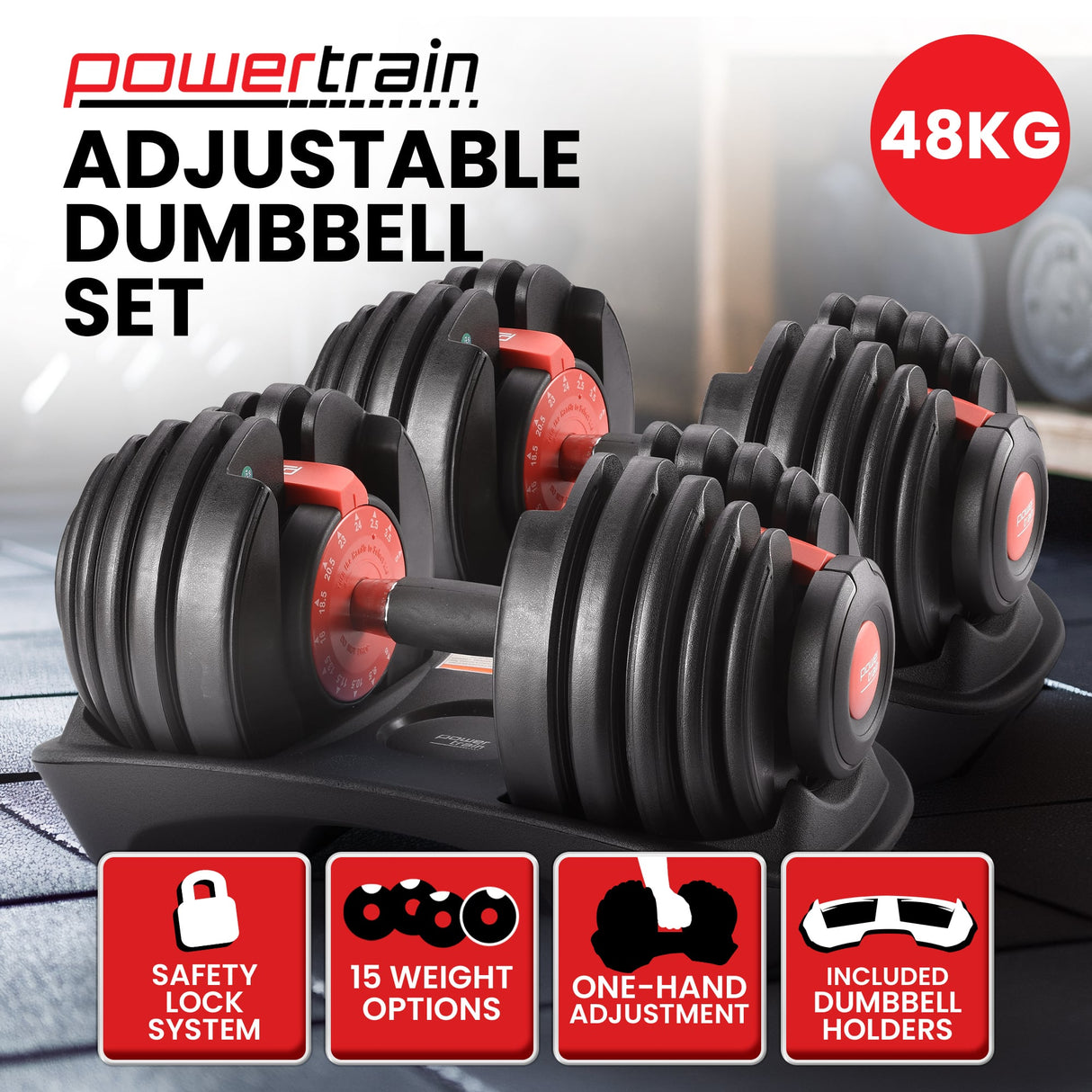 Powertrain 48kg Adjustable Dumbbells 15-in-1 Home Gym Weights – Red