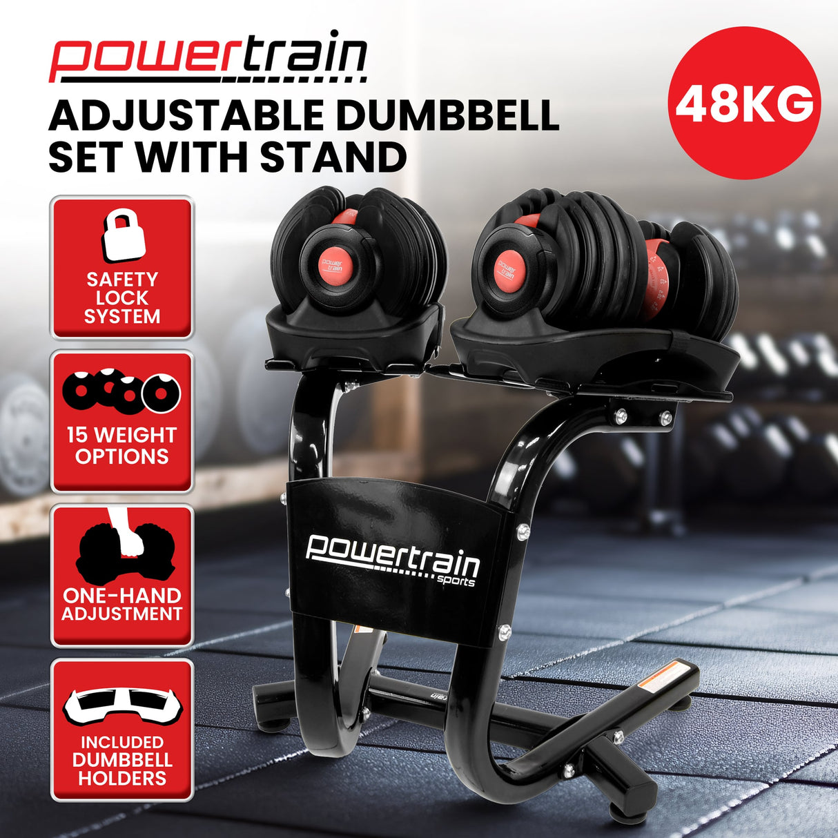 Powertrain 48kg Adjustable Dumbbells with Dumbbell Stand – Red