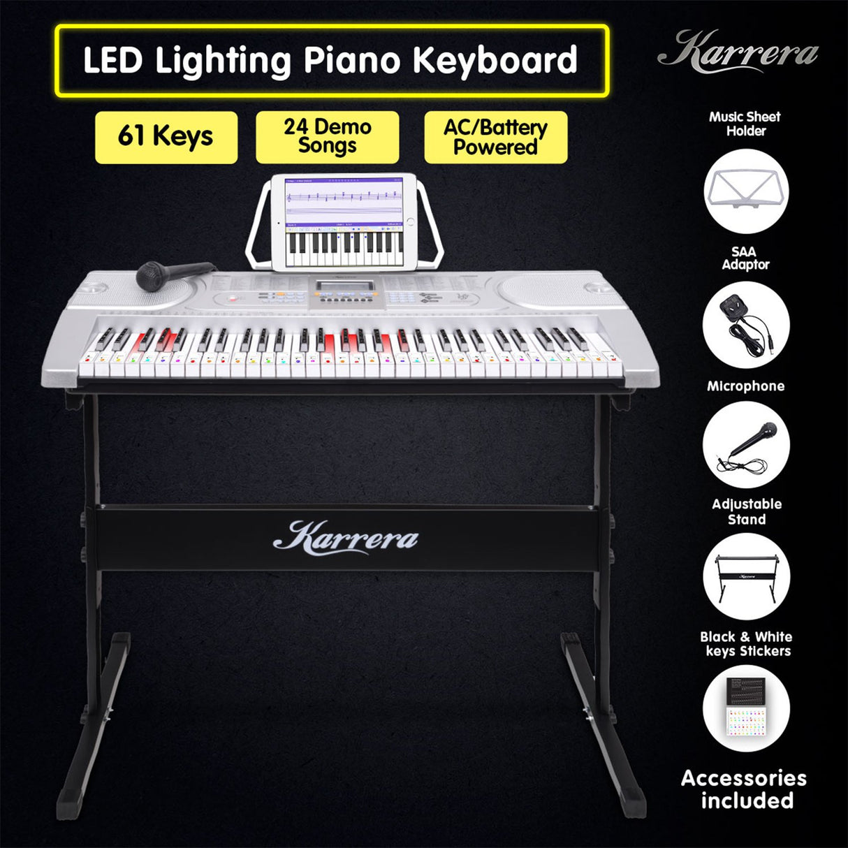 Karrera 61 Keys Electronic LED Keyboard Piano with Stand - Silver