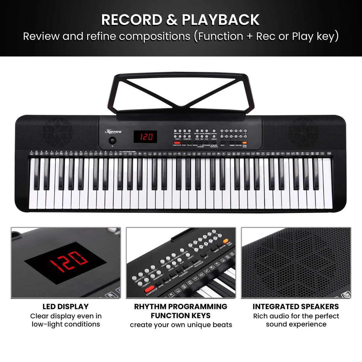Karrera 61 Key Digital Piano Electronic Keyboard with Adjustable Folding Stand & Music Rest for Beginners Black