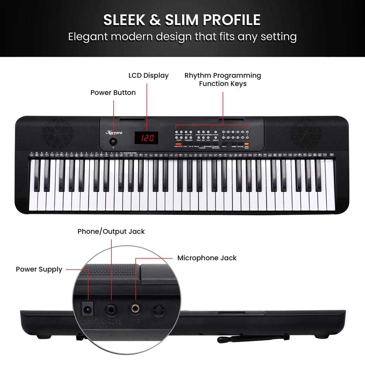 Karrera 61 Key Digital Piano Electronic Keyboard with Adjustable Folding Stand & Music Rest for Beginners Black