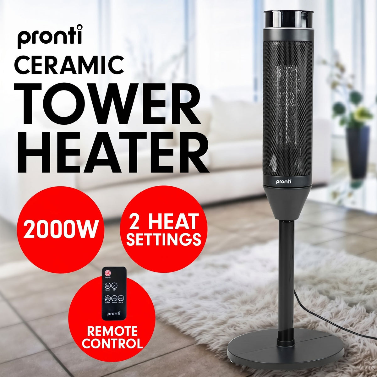 Pronti 2000W Oscillating Ceramic Tower Heater Portable Electric Space Heater with Remote Control & Thermostat - Black