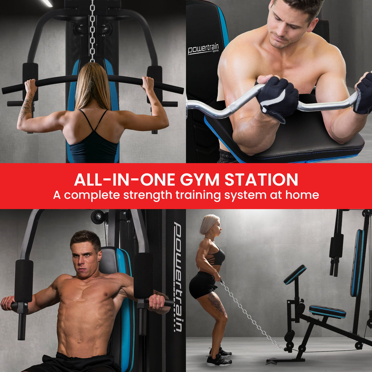 Powertrain JX-300 Multi Station Home Gym 44kg Weight Stack Cable Machine, Curl Pad Leg Extension and Pull-down Bar