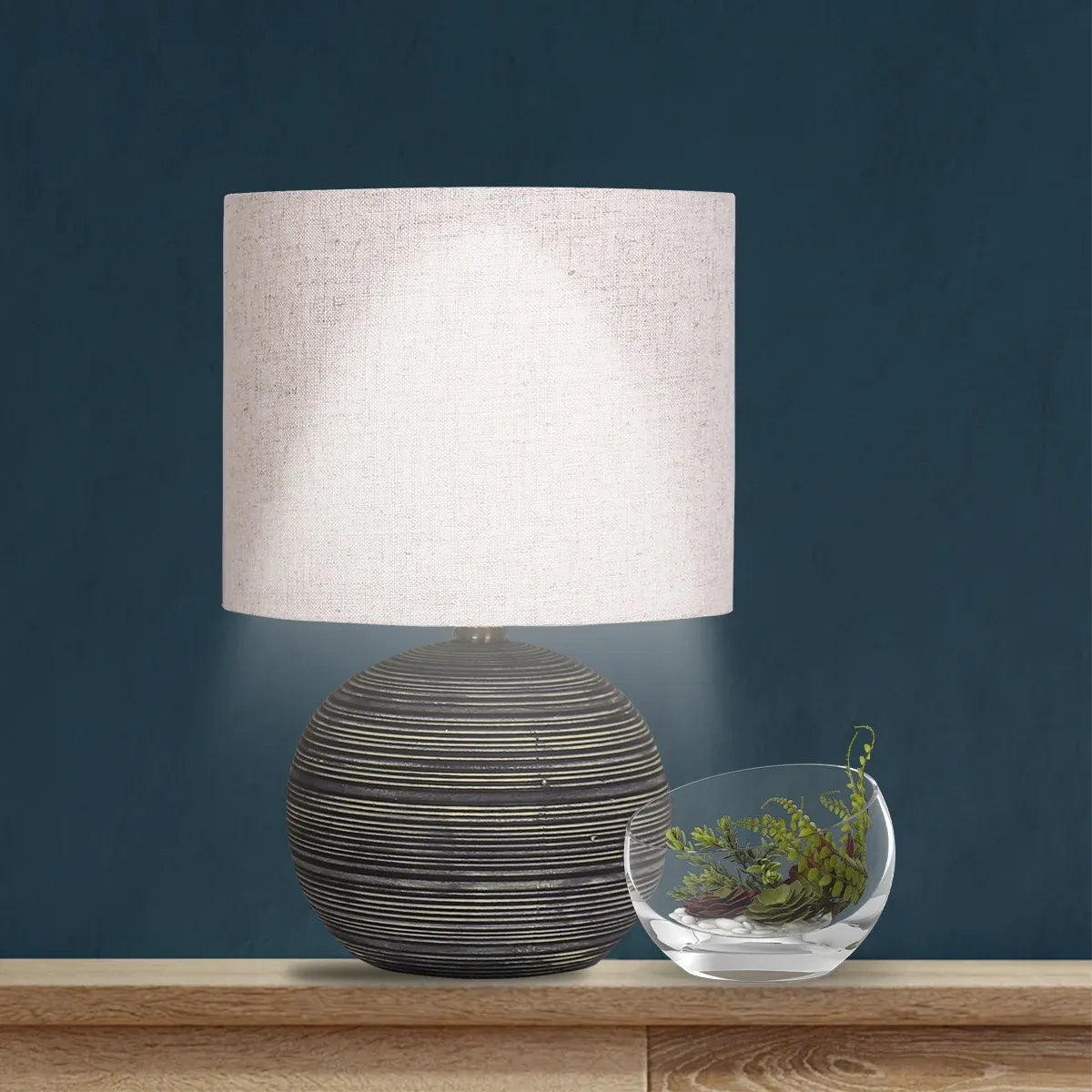 Sarantino Ceramic Table Lamp Striped Antique Black Globe Base with Beige Fabric Drum Shade Bedside Nightstand Light
