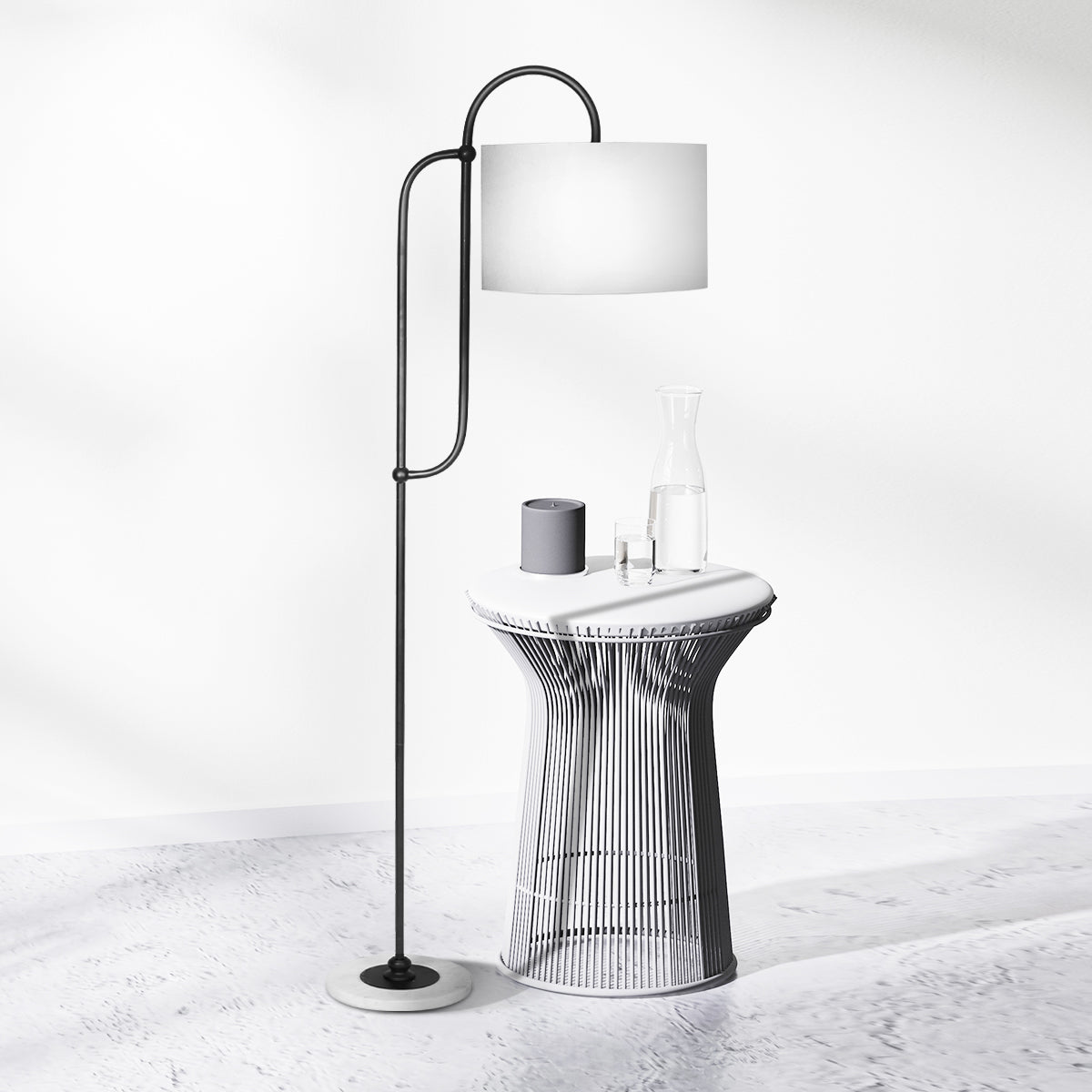 Sarantino Metal Floor Lamp with Marble Base & Paper-White Shade