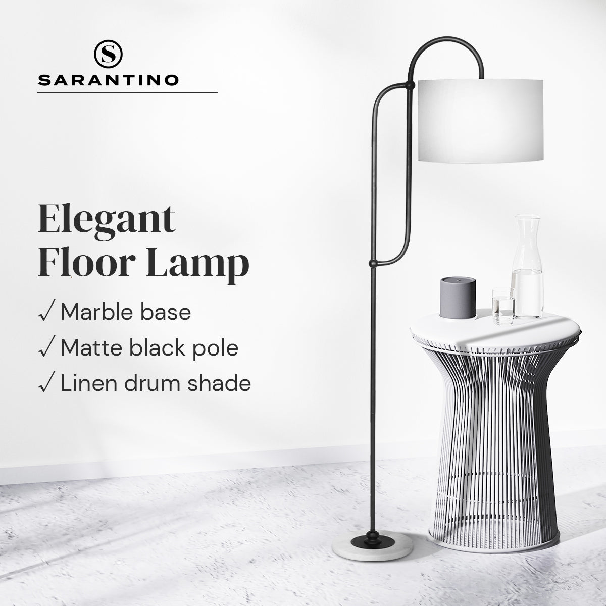 Sarantino Metal Floor Lamp with Marble Base & Paper-White Shade