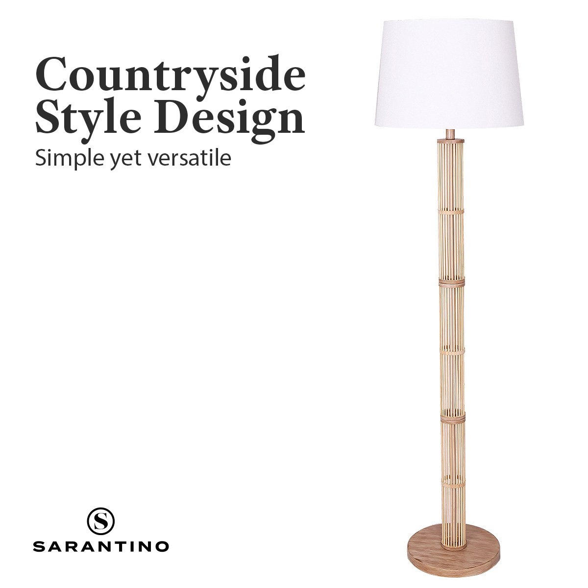 Sarantino Rattan Floor Lamp With Paper-White Linen Shade by Sarantino