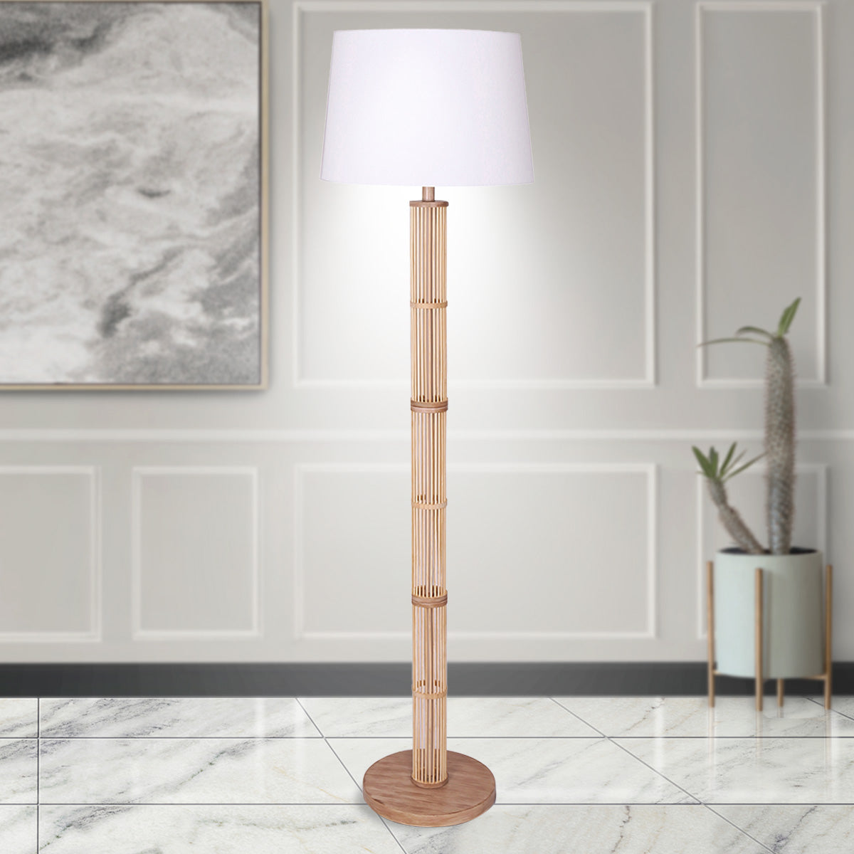 Sarantino Rattan Floor Lamp With Paper-White Linen Shade by Sarantino