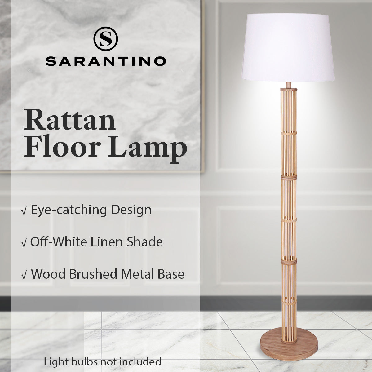 Sarantino Rattan Floor Lamp With Paper-White Linen Shade by Sarantino