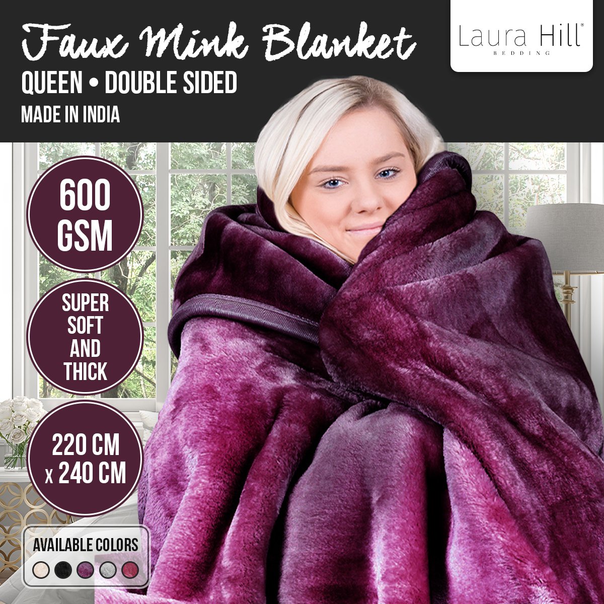 Laura Hill Mink Blanket Throw Purple Double Sided Queen Size Soft Plush Bed Faux