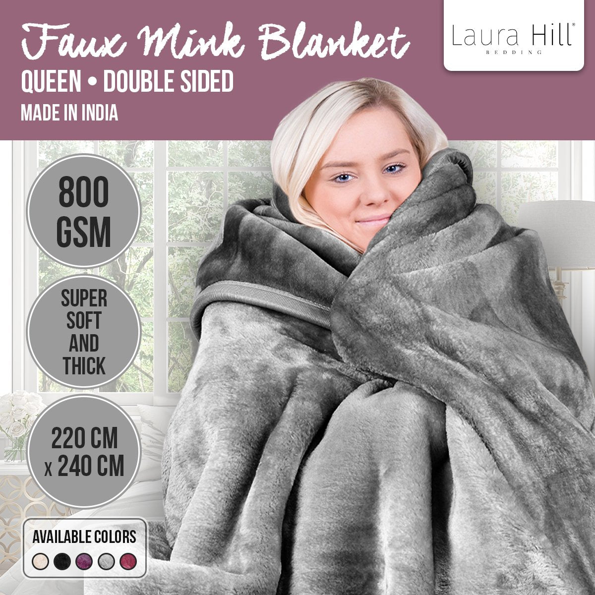 Laura Hill Double-sided Large 220 X 240cm Faux Mink Throw Blanket 800-gsm Heavy - Silver