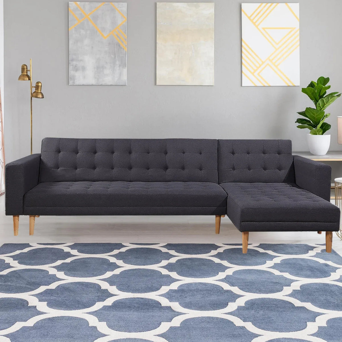 Sarantino Linen Fabric Corner Sofa Bed Couch Lounge With Chaise Furniture - Dark Grey