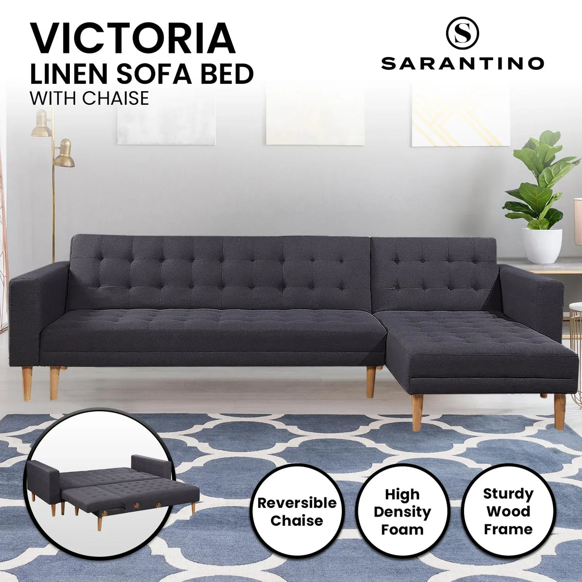 Sarantino Linen Fabric Corner Sofa Bed Couch Lounge With Chaise Furniture - Dark Grey
