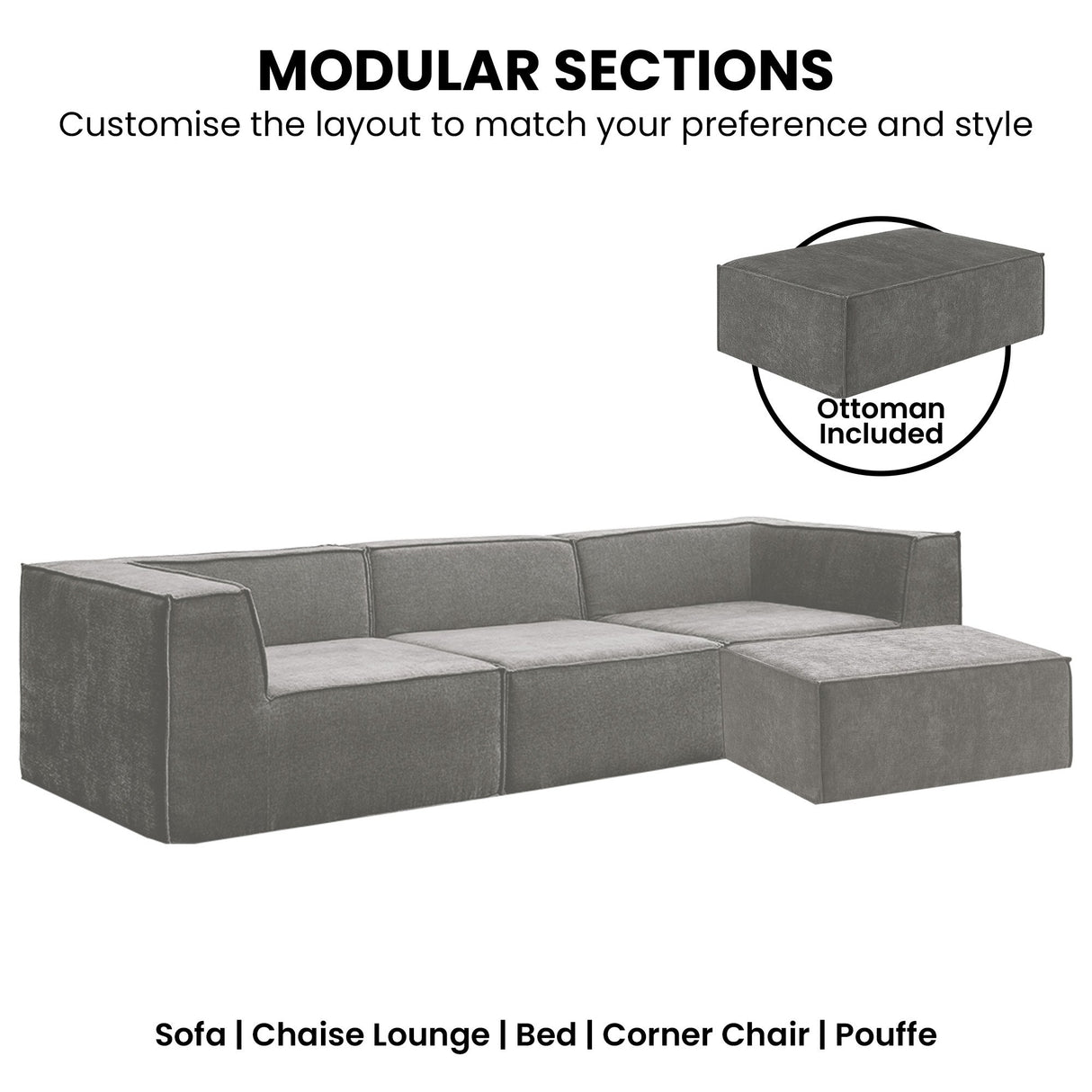 Sarantino Novi 3-Seater Modular Sofa with Ottoman in Grey Non-Slip Bottom Lounge