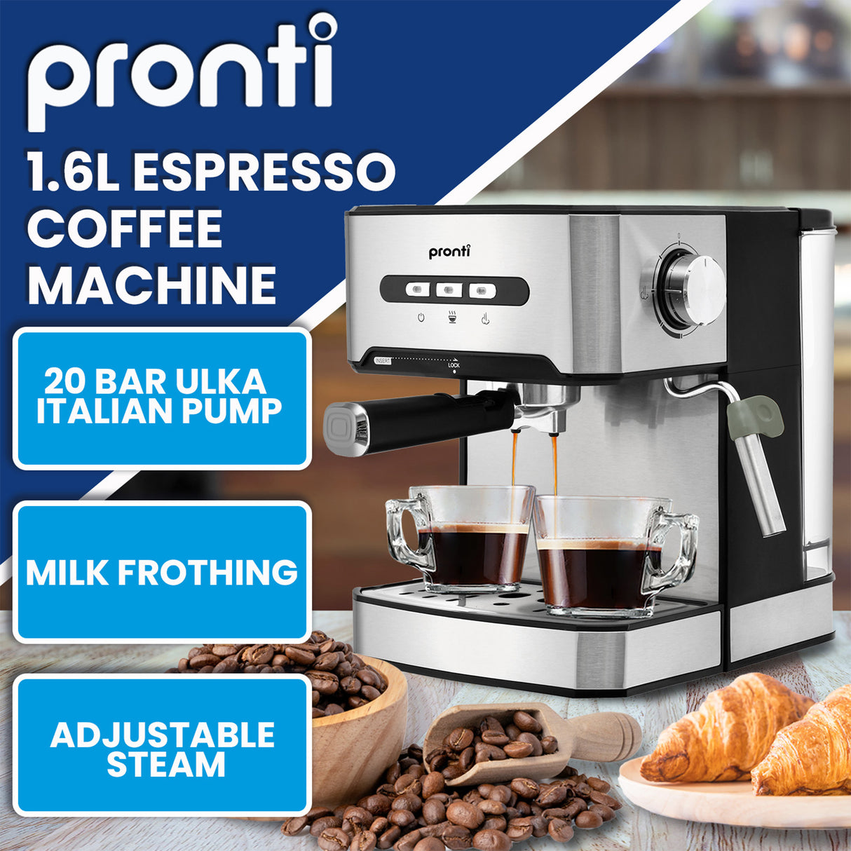 Pronti Breakfast Set with 1.6L Coffee Machine, Silver Noir Toaster & Kettle