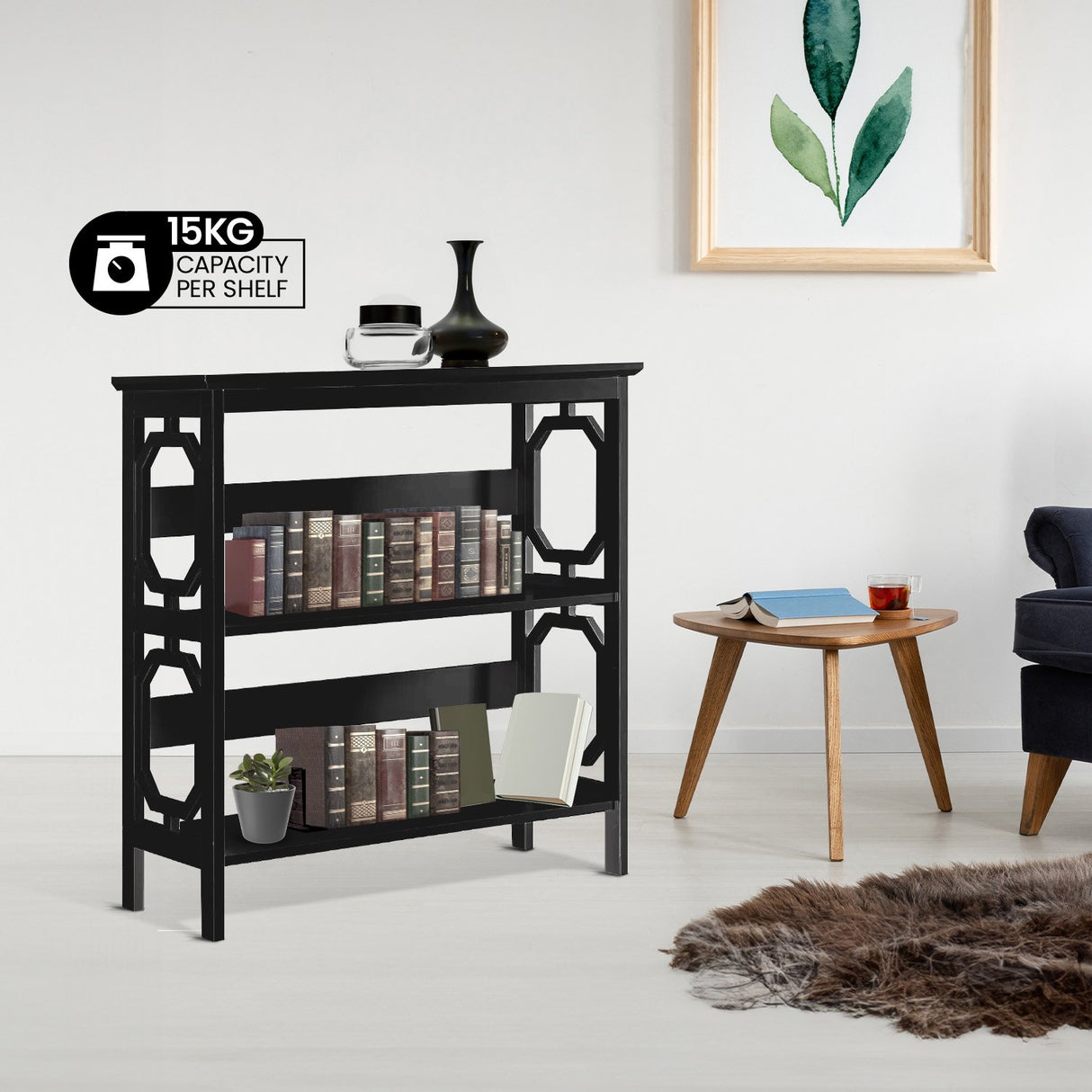 Sarantino Laurel 3-Tier Bookshelf Display Rack in Black