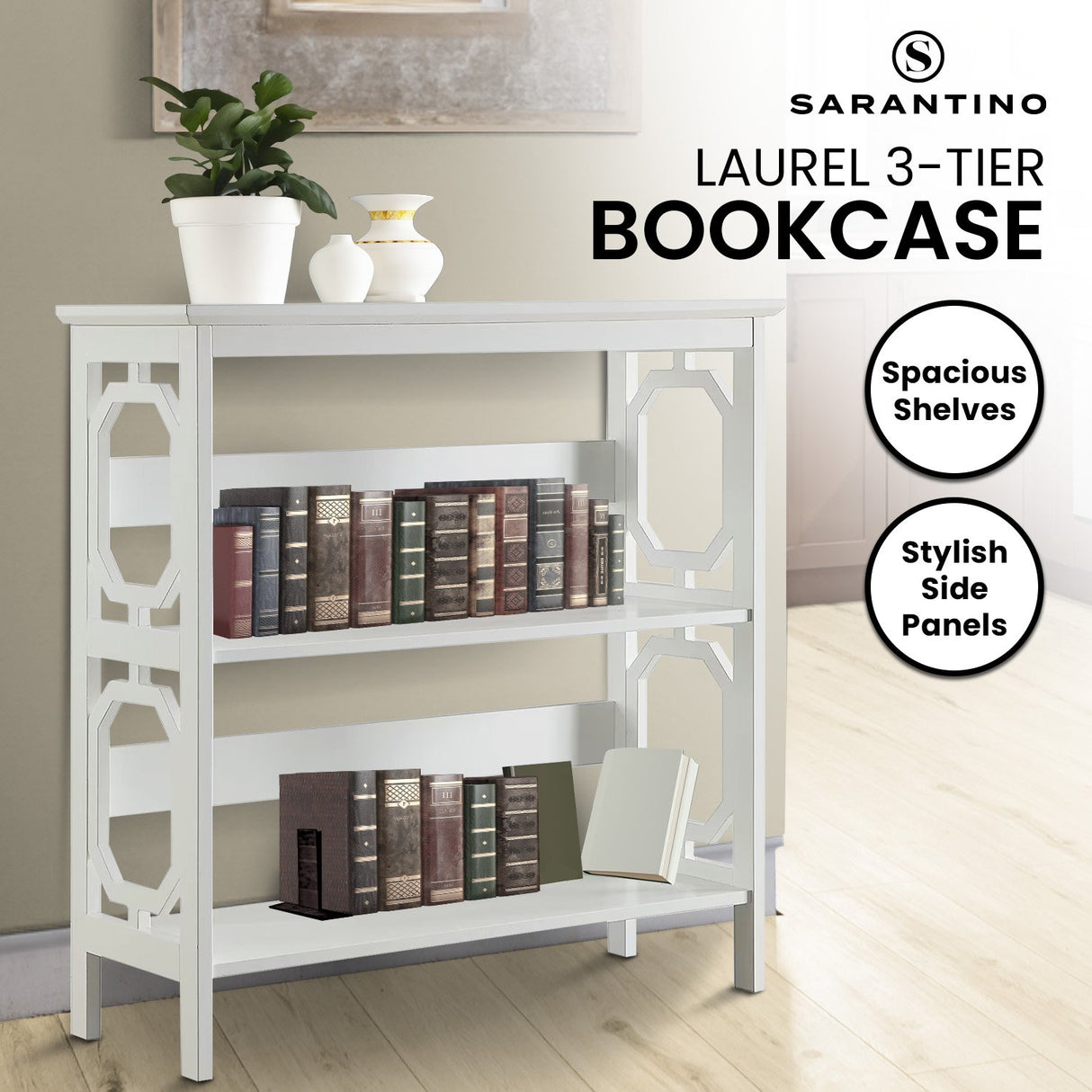 Sarantino Laurel 3-Tier Bookshelf Display Rack in White