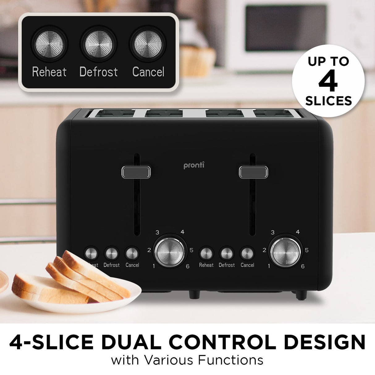 Pronti Silver Noir Collection 4 Slice Toaster with Dual Controls
