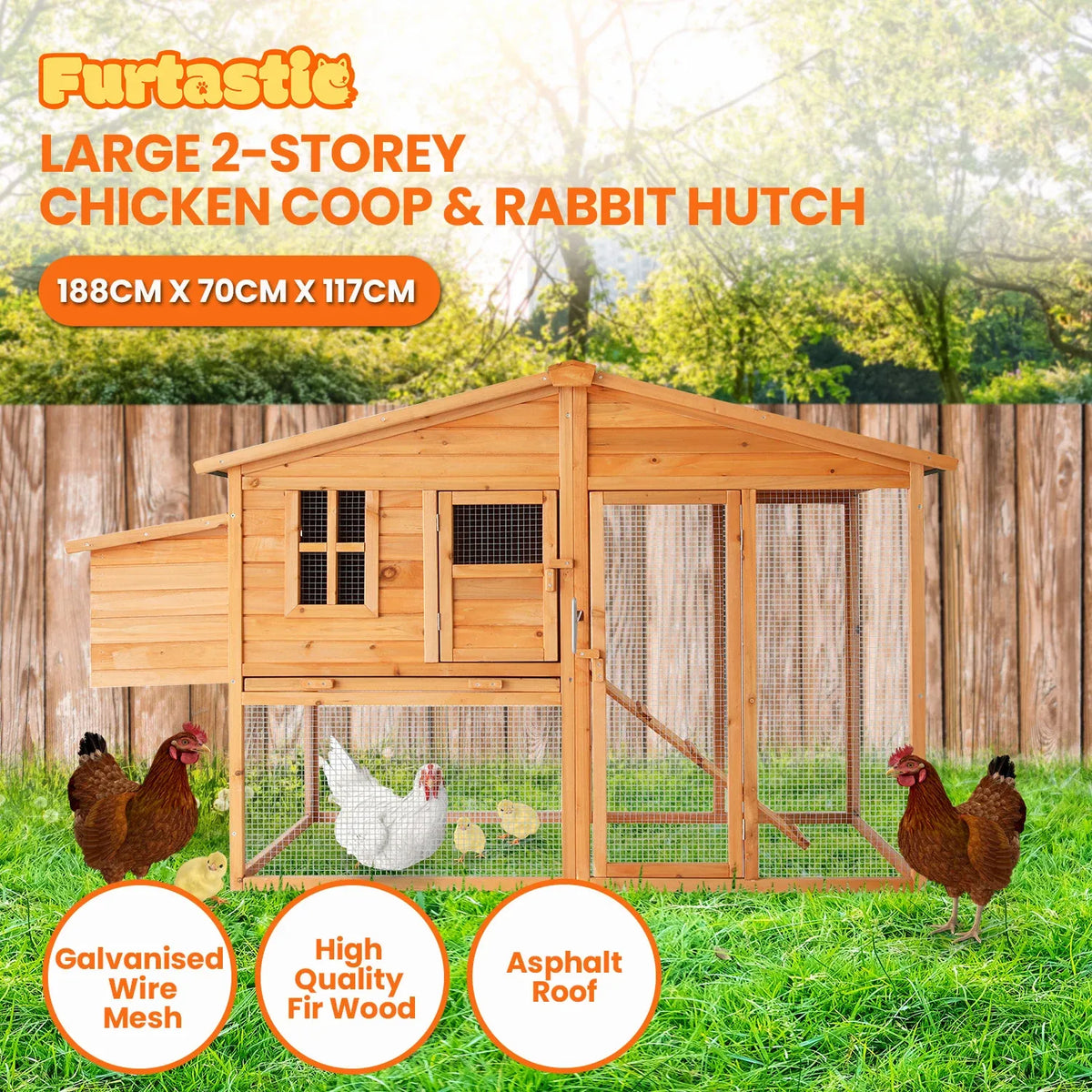 Furtastic Large Wooden Chicken Coop & Rabbit Hutch Outdoor Hen House with Nesting Box Ramp & Removable Tray