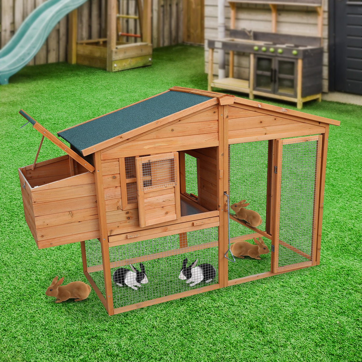 Furtastic Large Wooden Chicken Coop & Rabbit Hutch Outdoor Hen House with Nesting Box Ramp & Removable Tray